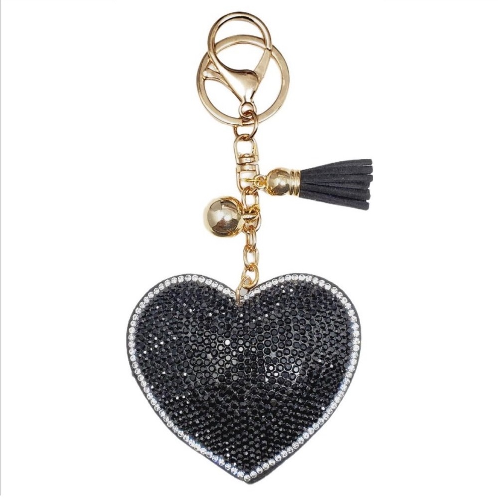 Puffy Tassel Rhinestone Black Heart Keychain/Purse Charm